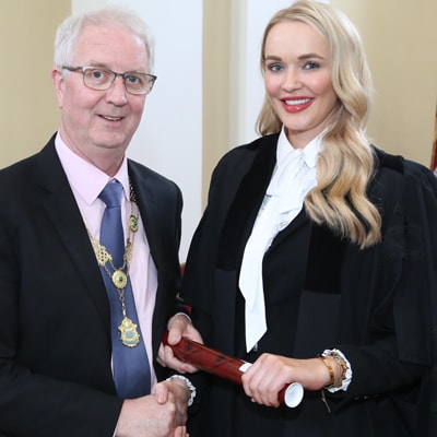 President of the Law Society Michael Quinlan with Nicola Haughey of Omagh, Co Tyrone style=