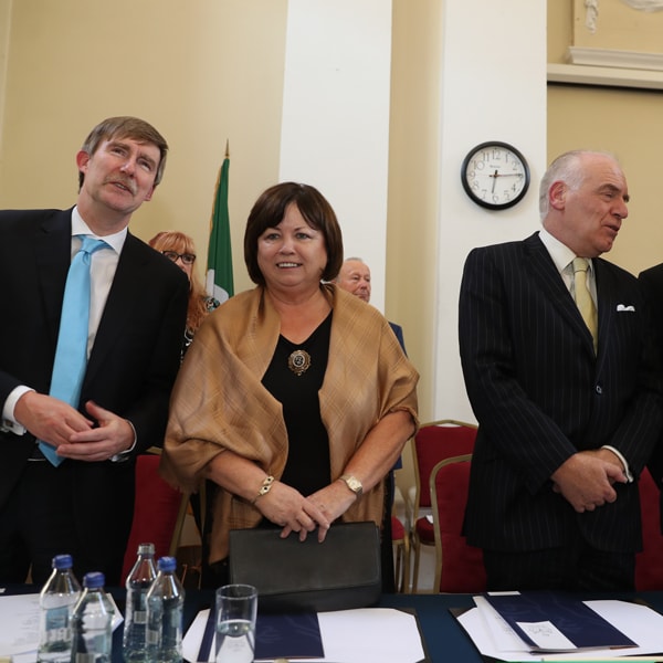 Law Society Director General Ken Murphy and Mr Justice Patrick McCarthy with Mary Harney style=