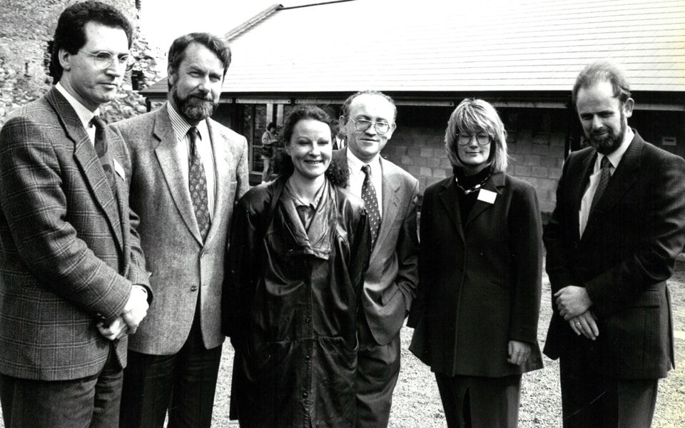 Kieran McGrath, BLS committee; Professor William Duncan, Trinity College law department; the late Dr Muireann Ní Bhrolcháin, lecturer in Celtic Studies, Maynooth University; Brian Sheridan, (now Judge) convenor; Mary Hawkes-Greene, president Burren College of Art and Judge Sir Anthony Harte at inaugural 1994 Burren Law School on theme of woman and family in Irish law – a Brehon perspective with keynote given by Minister Mervyn Taylor.  style=