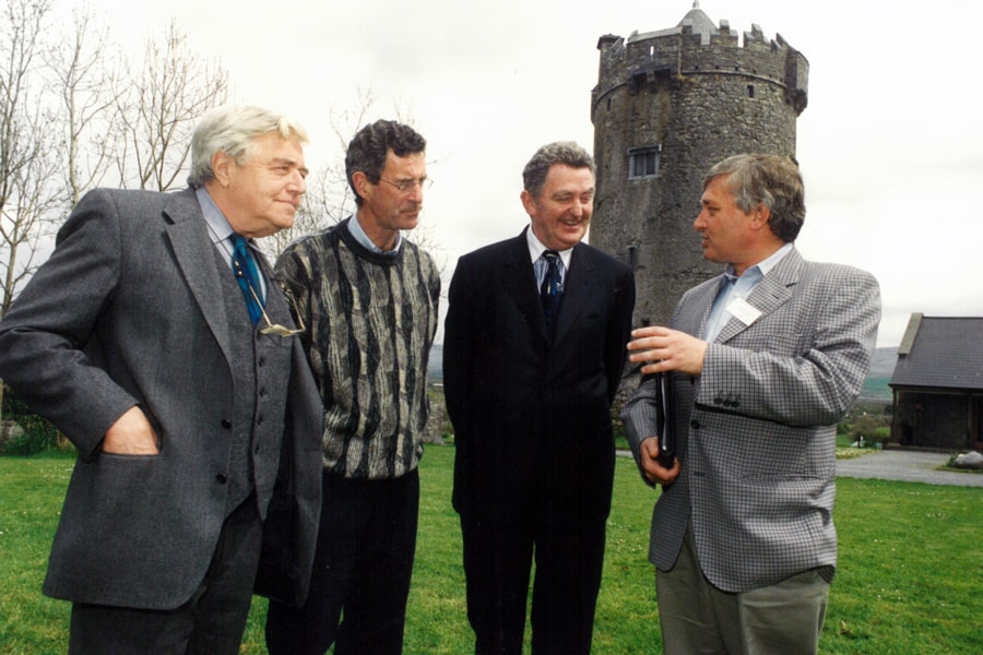 Barrister Patrick McEntee, former Tánaiste Dick Spring, Judge Ronan Keane and late Supreme Court Justice Adrian Hardiman at the 1998 school, which was on theme of law-making in Ireland, legislature and judiciary. style=