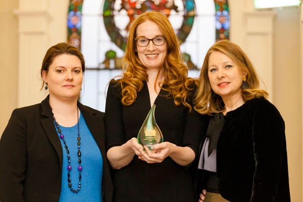 Claire O’Mahony and Dr Freda Grealy of the Diploma Centre with aviation finance course consultant Nikki Foley of Matheson, who is holding the GradIreland Postgrad Course of the Year award style=