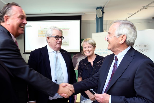 Barristers Richard Kean, Constance Cassidy and Ronnie Robbins with Chief Justice Frank Clarke style=