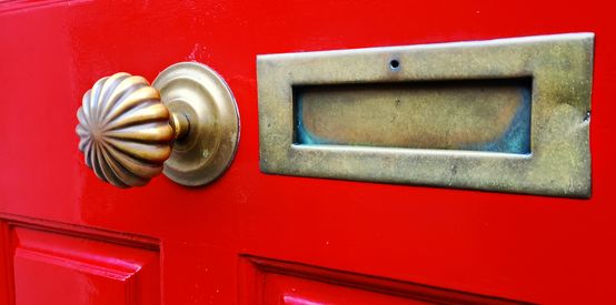 red door with brass handle and letterbox